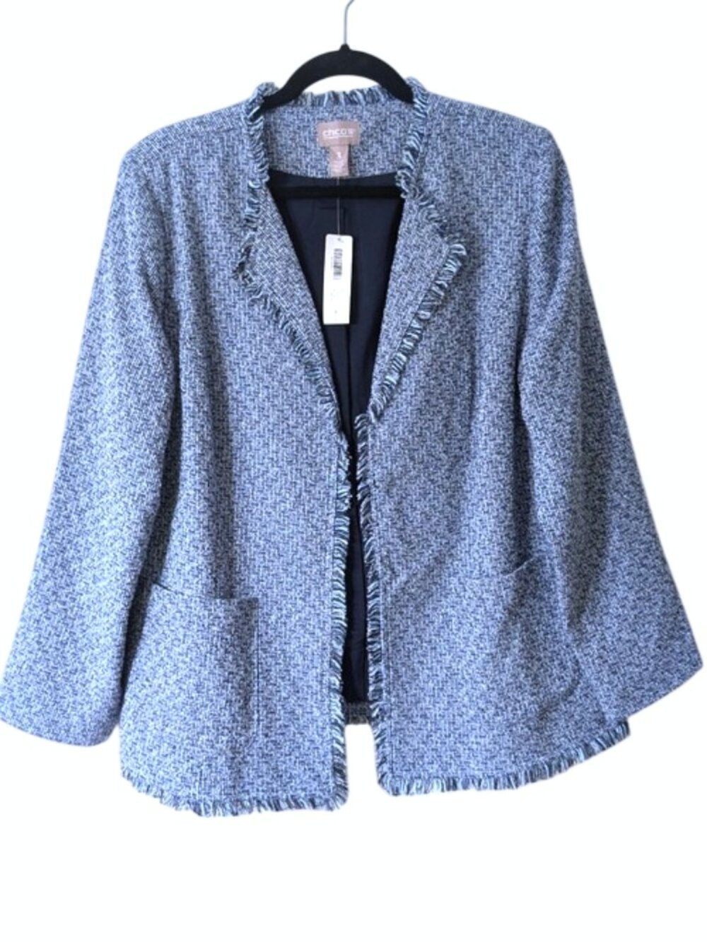 Chico's Cotto Blend Open-Front Fringe Tweed Jacket - Light Blue Size 3 (XL/16)